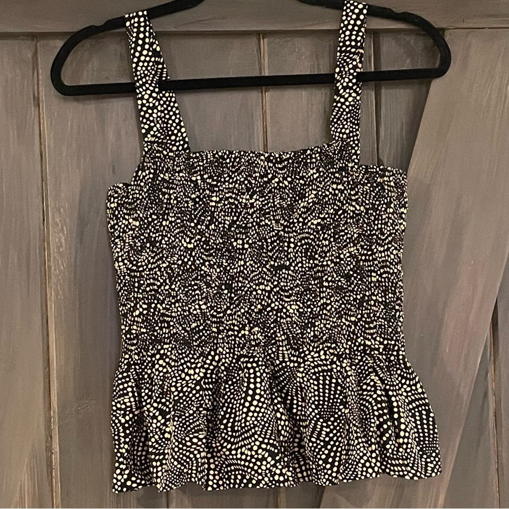 Madewell Smocked Peplum Tank Black and Gold Dot